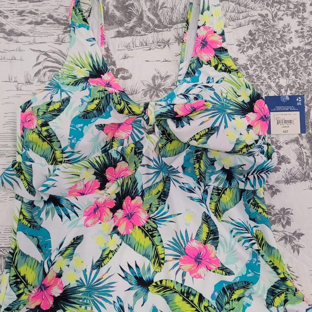 Arizona Jean Co White Floral Tankini Swim Top Juniors Large (women's medium) NWT